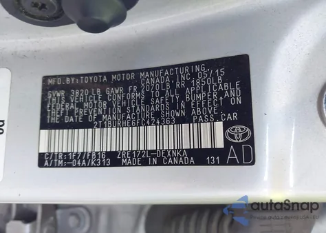 2015 Toyota Corolla L/Le/Le Pls/Prm/S/S Pls from USA, damaged, VIN 2T1BURHE6FC424363